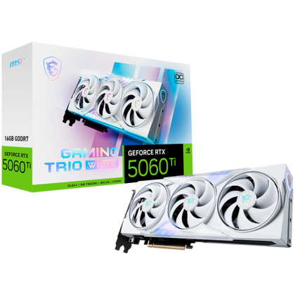 MSI Video Card NVIDIA GeForce RTX 5060 Ti 16G GAMING TRIO OC WHITE, 16GB GDDR7, 128-bit, 2662 MHz Boost, 4608 CUDA Cores, PCIe 5.0 (x8), 3x DP 2.1b, HDMI 2.1b, RAY TRACING, Triple Fan, 180W TDP, 16-pin PCIe 5.0 (12V-2x6), G-SYNC, 2.25-Slot, 3Y