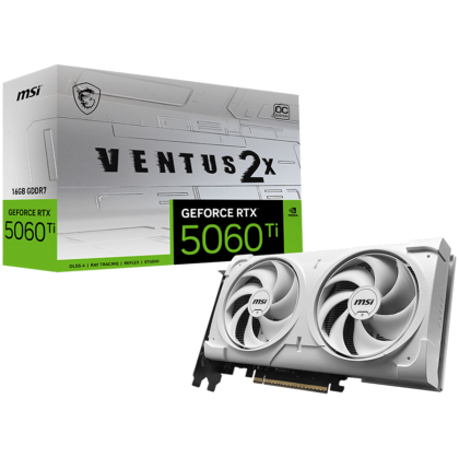 MSI Video Card NVIDIA GeForce RTX 5060 Ti 16G VENTUS 2X OC WHITE PLUS, 16GB GDDR7, 128-bit, 2602 MHz Boost, 4608 CUDA Cores, PCIe 5.0 (x8), 3x DP 2.1b, HDMI 2.1b, RAY TRACING, Dual Fan, 180W TDP, 8-pin PCIe Power, G-SYNC, 2-Slot, 3Y