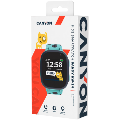CANYON Sandy KW-34, Kids smartwatch, 1.44 inch colorful screen,  GPS function, Nano SIM card, 32+32MB, GSM(850/900/1800/1900MHz), 400mAh battery, compatibility with iOS and android, Blue, host: 52.9*40.3*14.8mm, strap: 230*20mm, 42g
