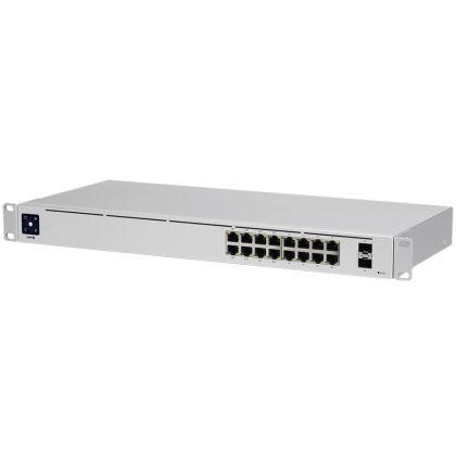 Ubiquiti USW-16-PoE 16-port Layer 2 PoE switch, 8 x GbE PoE+, 8 x GbE ports, 2 x 1G SFP ports, 42W total PoE Power, fanless, silent cooling, ESD/EMP protection, 1.3" touchscreen LCM display, Rackmount (Kit included)