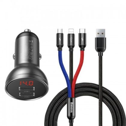 Зарядно за автомобил Baseus Digital Display 2xUSB 4.8A Car Charger 24W + 3-в-1 кабел с microUSB, USB-C и Lightning конектори