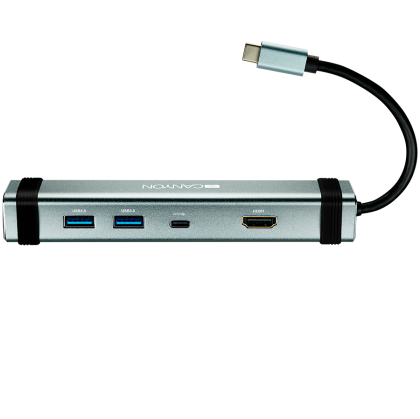 CANYON DS-3, Multiport Docking Station with 4 ports:1*Type C male+1*Type C female+2*USB3.0+1*HDMI, Input 100-240V, Output USB-C PD 5-20V/3A&USB-A 5V/1A, cabel 0.12m, Space grey, 150.8*33.7*24mm, 0.112kg