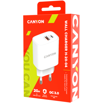 CANYON H-20-04, PD 20W/QC3.0 18W WALL Charger with 1-USB A+ 1-USB-C   Input: 100V-240V, Output: 1 port charge: USB-C:PD 20W (5V3A/9V2.22A/12V1.67A) , USB-A:QC3.0 18W (5V3A/9V2.0A/12V1.5A), 2 port charge: common charge,  total 5V, 3A, Eu plug  , Over- Volt