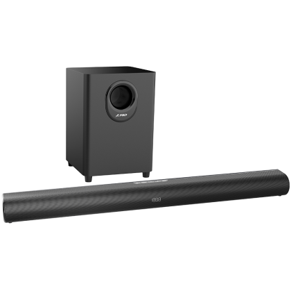 F&D HT-330 2.1 TV Soundbar with Wired Subwoofer, 80W RMS (20Wx2+40W), Full-range speaker: 50x90mm + 6.5'' Subwoofer, BT 5.0/Optical/AUX/HDMI/USB/LED Display/Remote Control/Wooden/Black