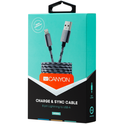 CANYON Lightning USB Cable for Apple, braided, metallic shell, 1M, Dark gray