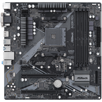 ASROCK Main Board Desktop B450M PRO4 (AM4, 4xDDR4, 1x PCIe 3.0 x16, 1x PCIe 2.0 x16, 1x PCIe 2.0 x1, 4x SATA III, RAID 0,1,10, 1x Ultra M.2 PCIe Gen3 x4, 1x M.2 SATA3, 1x COM Port header, 8x USB 3.0, GLAN, VGA, HDMI, DVI) mATX, Retail