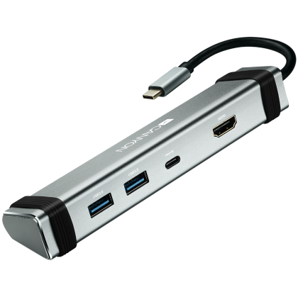 CANYON DS-3, Multiport Docking Station with 4 ports:1*Type C male+1*Type C female+2*USB3.0+1*HDMI, Input 100-240V, Output USB-C PD 5-20V/3A&USB-A 5V/1A, cabel 0.12m, Space grey, 150.8*33.7*24mm, 0.112kg