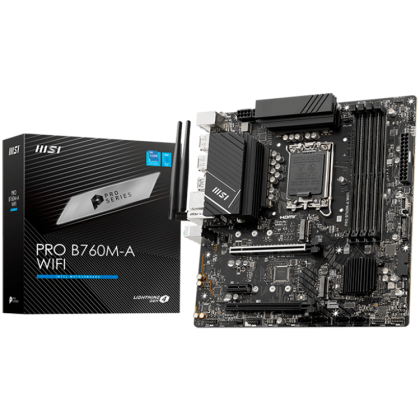 MSI PRO B760M-A WIFI, mATX, Socket 1700, Dual Channel 6800(OC)MHz, 2x PCIe x16 slots, 2x M.2 slots, 2x HDMI, 2x DP, 2x USB 3.2 Gen 2, 2x USB 3.2 Gen 1, 2x USB 2.0, 7.1 HD Audio, 2.5Gbps LAN, WI-FI 6E, BT, 3Y