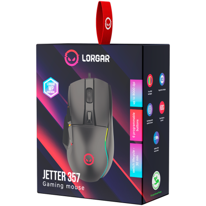 LORGAR Jetter 357, gaming mouse, Optical Gaming Mouse with 6 programmable buttons, Pixart ATG4090 sensor, DPI can be up to 8000, 30 million times key life, 1.8m PVC USB cable, Matt UV coating and RGB lights with 4 LED flowing mode, size:124.90*71.65*41.36