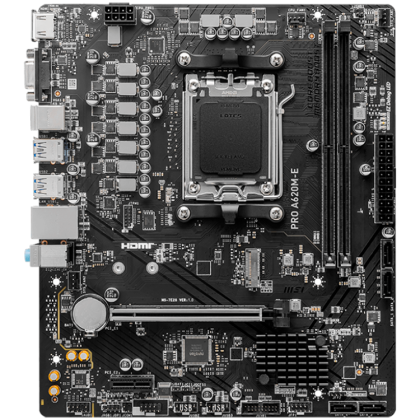 MSI PRO A620M-E, mATX, Socket AM5, Dual Channel DDR5 6800+MHz, 1x PCIe x16 slot, 1x M.2 slot, 1x HDMI, 1x VGA, 2x USB 3.2 Gen 1, 4x USB 2.0, 7.1 HD Audio, Realtek RTL8111H Gigabit LAN, 3Y