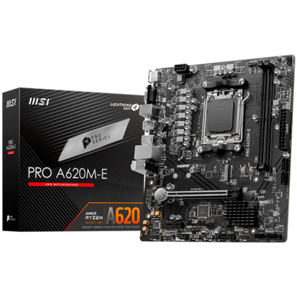 MSI PRO A620M-E, mATX, Socket AM5, Dual Channel DDR5 6800+MHz, 1x PCIe x16 slot, 1x M.2 slot, 1x HDMI, 1x VGA, 2x USB 3.2 Gen 1, 4x USB 2.0, 7.1 HD Audio, Realtek RTL8111H Gigabit LAN, 3Y