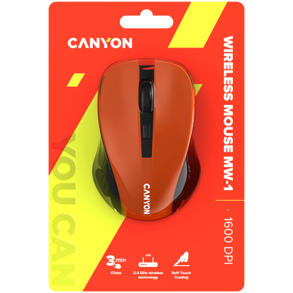 CANYON MW-1, 2.4GHz wireless optical mouse with 4 buttons, DPI 800/1200/1600, Orange, 103.5*69.5*35mm, 0.06kg