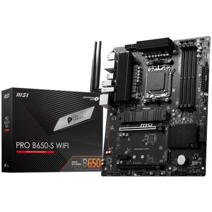 MSI PRO B650-S WIFI,ATX, Socket AM5,AMD B650 Chipset,4 DIMMs,Dual Channel DDR5 up to 7200+(OC)MHz,2x PCI-Ex16 slot, 2x M.2, 2x USB 3.2 Gen 2, 4x USB 3.2 Gen 1,4x USB 2.0,1x HDMI,1x DP,2.5G LAN,7.1 Audio,3y warranty