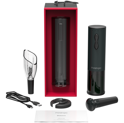 Bolsena, Electric wine opener with Prestigio Logo, aerator , vacuum preserver, Black color