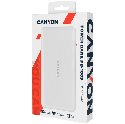 CANYON PB-109, Power bank 10000mAh Li-poly battery, Input Lightning &Type C  : 5V/2A, 9V/2A PD 18W(Max), Output Type C 5V/3A,9V/2.2A,12V/1.5A 20W,  Output USB A:5V3A,9V2A,12V1.5A,18W quick charging cable 0.3m, 144*68*16mm, 0.24kg, White