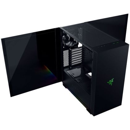Razer Tomahawk ATX, E-ATX, ATX, Micro-ATX, Mini-ITX, SPCC Steel (0,8mm) Thick and All Tempered Glass Side Panels, 7 Expansion Slots, ATX, Up to 210mm, Razer Chroma™ Underglow, 3 x 3.5” or 2.5” HDD or SSD, 2 x 2.5” SSD