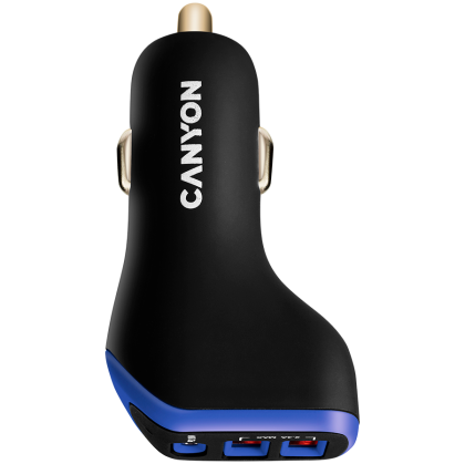 CANYON C-08, Universal 3xUSB car adapter, Input 12V-24V, Output DC USB-A 5V/2.4A(Max) + Type-C PD 18W, with Smart IC, Black+Purple with rubber coating, 71*39*26.2mm, 0.028kg