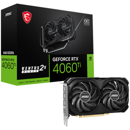 MSI Video Card Nvidia GeForce RTX 4060 Ti VENTUS 2X BLACK 8G OC, 8GB GDDR6, 128bit, Effective Memory Clock: 18000MHz, Boost: 2580 MHz, 4352 CUDA Cores, PCIe 4.0, 3x DP 1.4a, HDMI 2.1a, RAY TRACING, Dual Fan, 1x 8pin, 550W Recommended PSU, 3Y