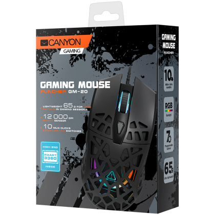 CANYON Puncher GM-20, High-end Gaming Mouse with 7 programmable buttons, Pixart 3360 optical sensor, 6 levels of DPI and up to 12000, 10 million times key life, 1.65m Ultraweave cable, Low friction with PTFE feet and colorful RGB lights, Black, size: