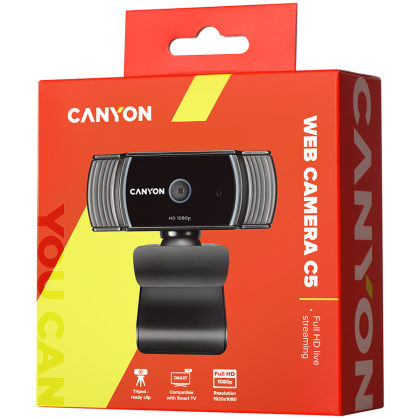CANYON C5, 1080P full HD 2.0Mega auto focus webcam with USB2.0 connector, 360 degree rotary view scope, built in MIC, IC Sunplus2281, Sensor OV2735, viewing angle 65°, cable length 2.0m, Black, 76.3x49.8x54mm, 0.106kg