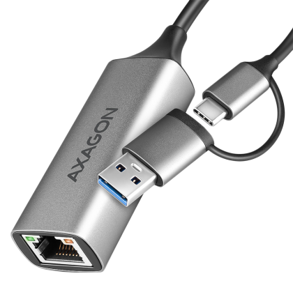 AXAGON ADE-TXCA USB-C USB3.2 Gen 1 + USB-A reduction- Gigabit Ethernet 10/100/1000 Adapter, metal, titan grey