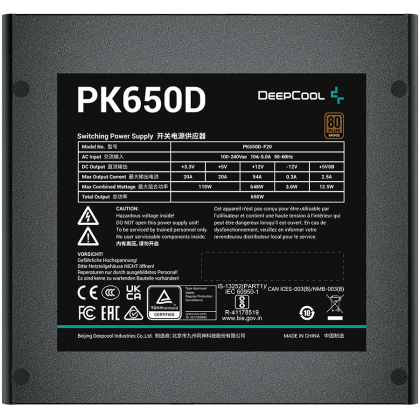 DeepCool PK650D, 650W, 80 Plus BRONZE, Taiwanese Capacitors, Flat Black Cables, 120mm Fan, SCP/OPP/OTP/OVP/OCP/UVP, 5Y, R-PK650D-FA0B-EU