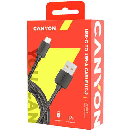 CANYON UC-2, Type C USB 2.0 standard cable, Power & Data output, 5V 1A, OD 3.2mm, PVC Jacket, 2m, black, 0.036kg