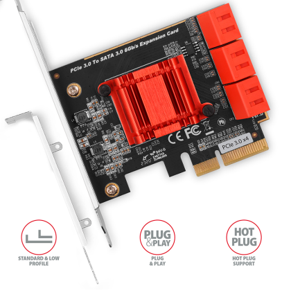 Six-channel SATA III PCI-Express controller with six internal SATA ports. Standard & Low profile.