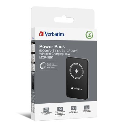 Външна батерия Verbatim MCP-5BK Power Pack 5000 mAh with UBS-C® PD 20W / Magnetic Wireless Charging 15W Black