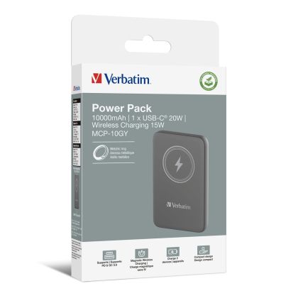 Външна батерия Verbatim MCP-10GY Power Pack 10000 mAh with UBS-C® PD 20W / Magnetic Wireless Charging 15W Grey
