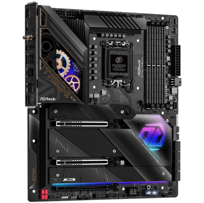 ASROCK MB Desktop Z790 Taichi, S1700, 4x DDR5, 2x PCIe 5.0 x16, 1x PCIe 4.0 x16, 4x Hyper M.2, 1x Blazing M.2, 1x Hyper M.2, 8x SATA3, 3x USB-C, 12x USB 3.2, 6x USB 2.0, 1x RJ-45 2.5GB Lan, 802.11ax Wi-Fi 6E + BT 5.3, 1x HDMI, 1x SPDIF, ATX