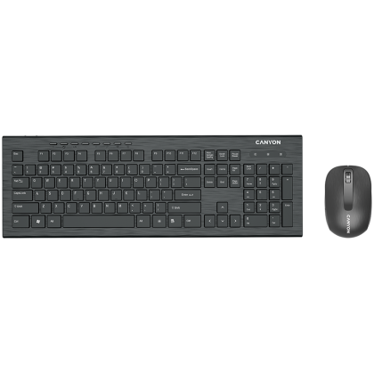 CANYON Multimedia 2.4GHZ wireless combo-set, keyboard 105 keys, slim and brushed finish design, chocolate key caps, BG layout (black); mouse adjustable DPI 800-1200-1600, 3 buttons (black)