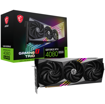 MSI Video Card Nvidia GeForce RTX 4080 SUPER 16G GAMING X TRIO, 16GB GDDR6X, 256-bit, 2610 MHz Boost, 10240 CUDA Cores, 23Gbps Memory speed, PCIe 4.0, 3x DP 1.4a, HDMI 2.1a, RAY TRACING, Triple Fan, 850W Recommended PSU, 3Y