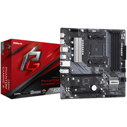 ASROCK MB Desktop A520M Phantom Gaming 4, AM4, 4x DDR4, 2x PCIe 3.0 x16, 1x PCIe 3.0 x1, 1x Ultra M.2, 4x SATA 3, 1x DVI, 1x HDMI, 6x SUB 3.2, 6x USB 2.0, 1x GLAN, 1x PS2, mATX, retail