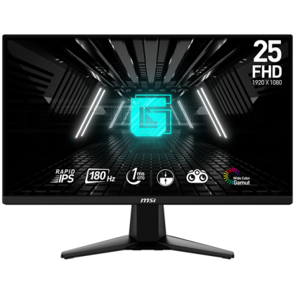 MSI G255F Gaming Monitor, 25" 180Hz, FHD (1920x1080) 16:9, Rapid IPS Anti-glare, 1ms, 300nits, 1000:1, 178°/178°, AMD FreeSync, Adjustable Stand, 1x DP, 2x HDMI, 1xHeadphone out, 3Y Warranty