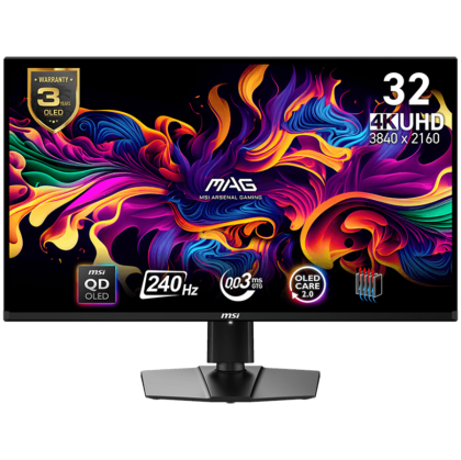 MSI MAG 321UPX QD-OLED Gaming Monitor, 32" 240Hz, UHD (2840x2160) 16:9, QD-OLED Anti-Reflection, 0.03ms, 250nits, 1500000:1, 178°/178°, Adaptive sync, Adjustable Stand, 1x DP, 2x HDMI, 1xType-C, 1xHeadphone out, 3Y Warranty