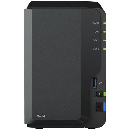 Synology DiskStation DS223, Tower, 2-bays 3.5'' SATA HDD/SSD, CPU 4-core 1.7 GHz, 2 GB DDR4 non-ECC, RJ-45 1GbE LAN Port, 3 x USB 3.2 Gen 1 Port, 1.28 kg, 2y