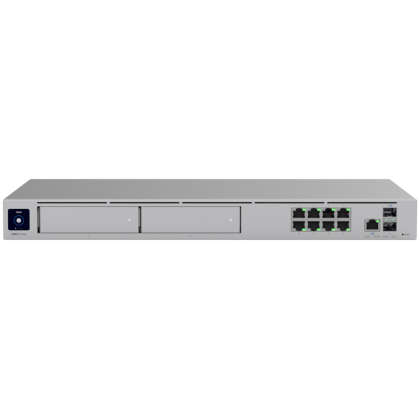 Ubiquiti rack-mount Cloud Gateway with 10 Gbps performance, multi-WAN load balancing, and two NVR drive bays designed for large-scale, multi-application UniFi sites