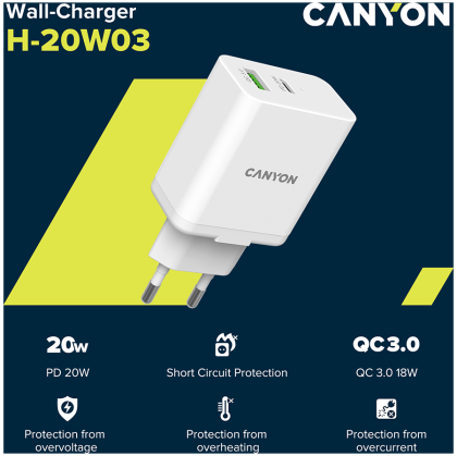 CANYON charger H-20-03 PD 20W QC 3.0 18W USB-A USB-C White