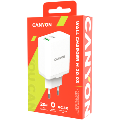 CANYON charger H-20-03 PD 20W QC 3.0 18W USB-A USB-C White