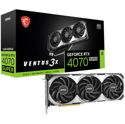 MSI Video Card Nvidia RTX 4070 SUPER 12G VENTUS 3X OC, 12GB GDDR6X, 192bit, 21Gbps Memory speed, Boost: 2505MHz, 7168 CUDA Cores, 3x DP 1.4a, HDMI 2.1a, RAY TRACING, Triple Fan, 1x 16pin, 650W Recommended PSU, 3Y