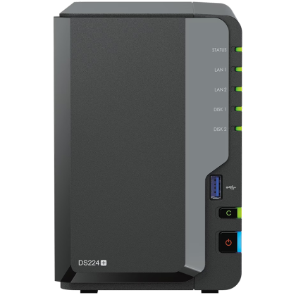 Synology DS224+,Tower, 2-bays 3.5'' SATA HDD/SSD, CPU Intel Celeron J4125 4-core (4-thread) 2.0 GHz, burst up to 2.7 GHz; 2GB DDR4 (expandable up to 6 GB) ; 2 x RJ-45 1GbE LAN Ports; 2x USB 3.2 Gen 1; 1.3 kg; 2yr warranty