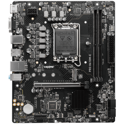 MSI PRO H610M-E, mATX, LGA 1700, Dual Channel DDR5 5600+MHz, 1x PCIe x16 slot, 1x M.2 slot, 1x HDMI, 1x VGA, 2x USB 3.2 Gen 1, 4x USB 2.0, 7.1 HD Audio, Realtek ALC897 Codec, 3Y