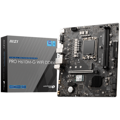 MSI PRO H610M-G WIFI DDR4, M-ATX, Socket 1700, Dual Channel 64GB 3200 MHz, 1x PCIe x16 slot, 1xPCIex1 slot, 1x HDMI, 1x DP, 1xM.2 slot,  4x USB 3.2 1.5Gbps, 6xUSB 2.0, 7.1 HD Audio, 1Gbps LAN, WI-FI 6E, BT, 3Y