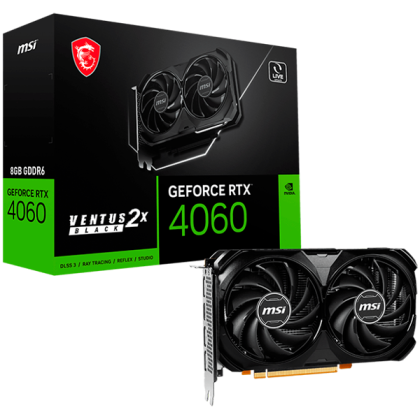 MSI Video Card Nvidia GeForce RTX 4060 VENTUS 2X BLACK 8G, 8GB GDDR6, 128bit, Boost: 2460 MHz, 3072 CUDA Cores, PCIe 4.0, 3x DP 1.4a, HDMI 2.1a, RAY TRACING, Dual Fan, 1x 8pin, 550W Recommended PSU, 3Y
