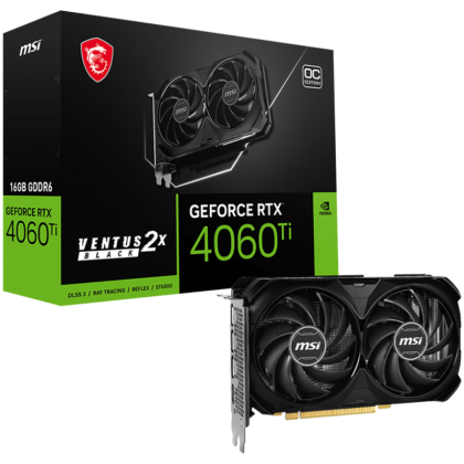 MSI Video Card Nvidia GeForce RTX 4060 TI VENTUS 2X BLACK 16G OC, 16GB GDDR6, 128bit, Boost: 2625 MHz, 18Gbps,  4352 CUDA Cores, PCIe 4 x 16, 3x DP 1.4a, HDMI 2.1a, RAY TRACING, Dual Fan, 1x8pin, 550W Recommended PSU, 3Y