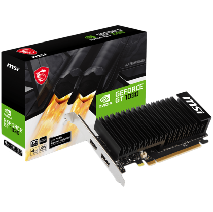 MSI Video Card Nvidia GeForce GT 1030 4GHD4 LP OC, 4GB DDR4, 64-bit, 2100MHz Memory Speed, 1430MHz Boost, 384 CUDA Cores, 1x DisplayPort 1.4a, HDMI 2.1, 300W Recommended PSU, 3Y