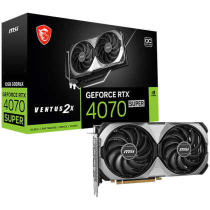 MSI Video Card NVidia GeForce RTX 4070 SUPER 12G VENTUS 2X OC, 12GB GDDR6X, 192-bit, 2505 MHz Boost, 7168 CUDA Cores, PCIe 4.0, 3x DP 1.4a, HDMI 2.1a, RAY TRACING, Dual Fan, 650W Recommended PSU, 3Y