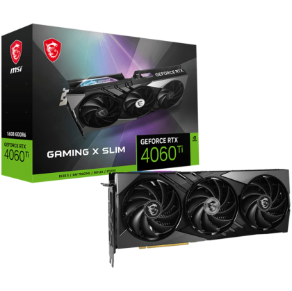 MSI Video Card Nvidia GeForce RTX 4060 Ti GAMING X SLIM 16G, 16GB GDDR6X, 128-bit, 2670 MHz Boost, 4352 CUDA Cores, PCIe 4.0, 3x DP 1.4a, HDMI 2.1a, RAY TRACING, Triple Fan, 550W Recommended PSU, 3Y