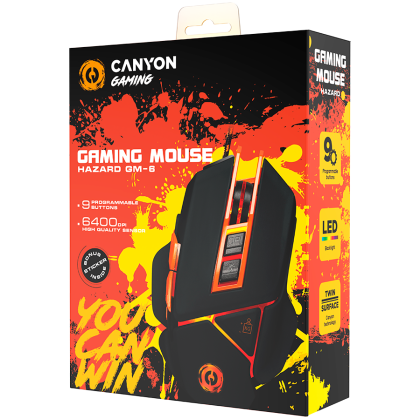 CANYON Optical gaming mouse, adjustable DPI setting 800/1000/1200/1600/2400/3200/4800/6400, LED backlight, moveable weight slot and retractable top cover for comfortable usage